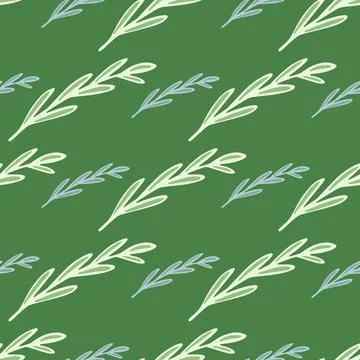 Outline leaves branches elements seamless pattern in simple style. Green back Stock Illustration