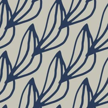Outline leaves seamless botanic pattern. Light grey background with blue flor Stock Illustration
