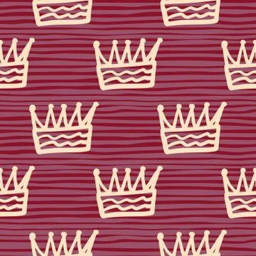 Outline light crown elements seamless naive pattern. Burgundy background with Stock Illustration