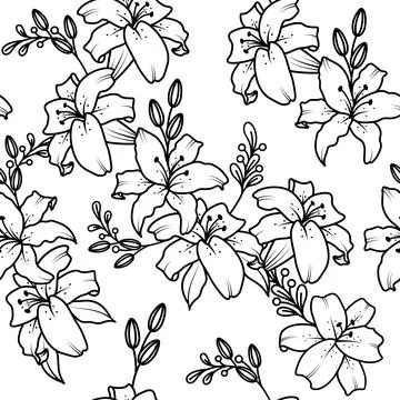 Outline lily seamless pattern. Vector illustration. Illustrazione stock