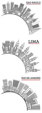 Outline Lima Peru, Rio de Janeiro and Sao Paulo Brazil City Skyline set wit.. Stock Illustration
