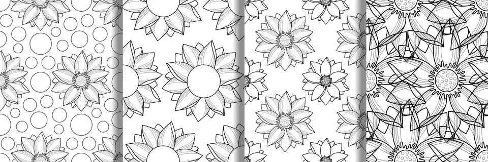 Outline Lotus seamless pattern set. Repeat backgrounds Stock Illustration