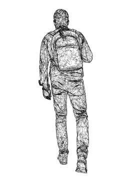 Outline of man walking with backpack on his back, isolated vector illustration. Stock Illustration