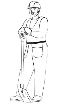 Outline of man in work clothes and hard hat stands leaning on shovel Stock Illustration