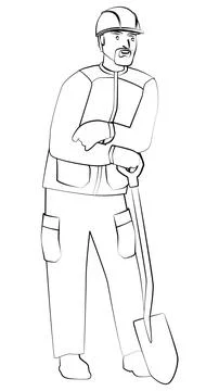 Outline of man in work clothes and hard hat stands leaning on shovel, isolated Stock Illustration