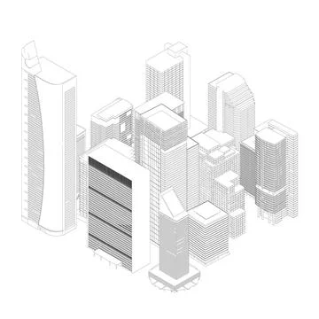The outline of many multi-storey buildings from black lines isolated on a whi Ilustración de archivo