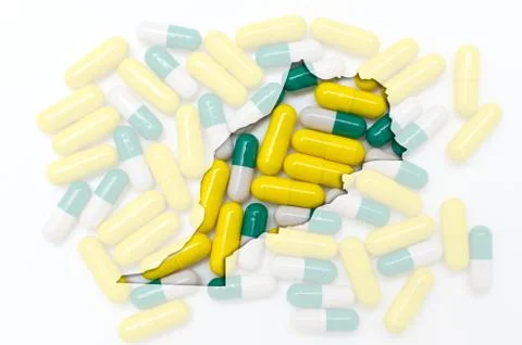Outline map of morocco with pills in the background for health and cure Stock Illustration
