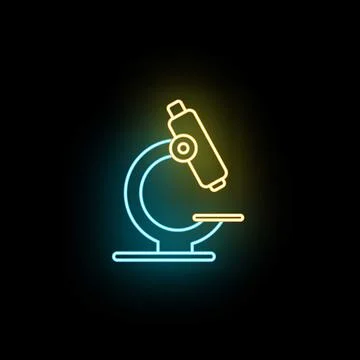 Outline microscope icon glowing with neon light on a dark background Stock Illustration