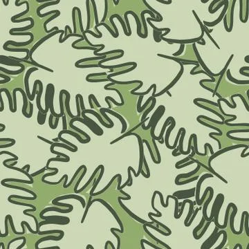 Outline monstera leaf seamless pattern on green background. Tropical leaves v Stock Illustration