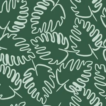 Outline monstera leaf seamless pattern on green background. Exotic jungle wal Stock Illustration