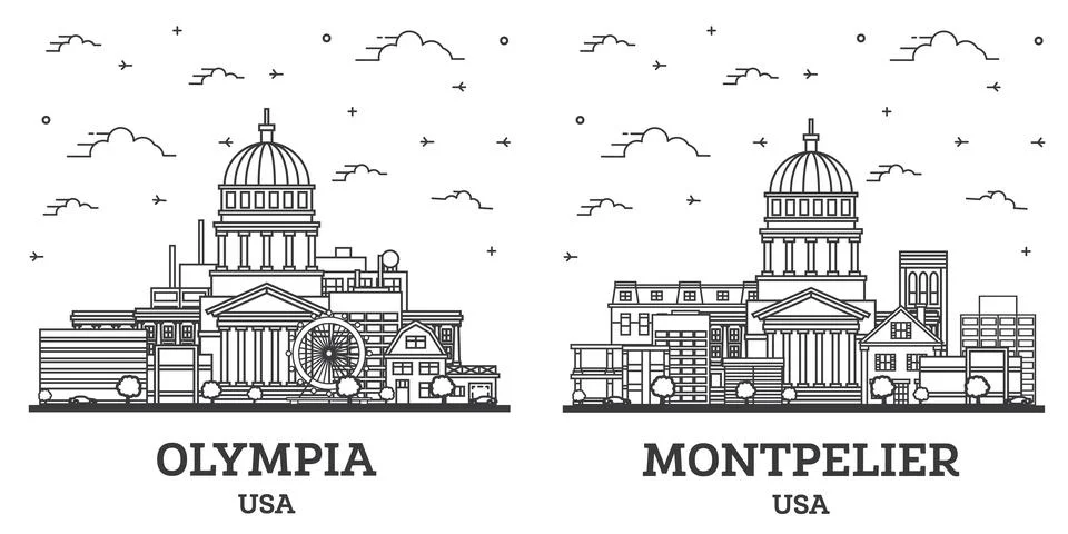 Outline Montpelier Vermont and Olympia Washington City Skyline Set. Stock Illustration