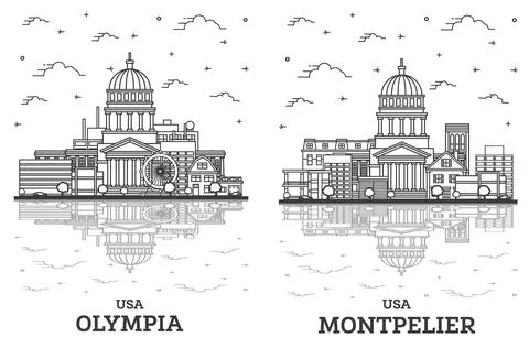 Outline Montpelier Vermont and Olympia Washington City Skyline Set. Stock Illustration