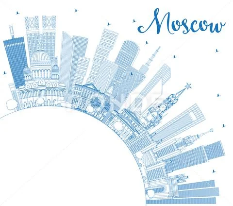 Outline Moscow Russia Skyline with Blue Buildings and Copy Space. Stock Illustration