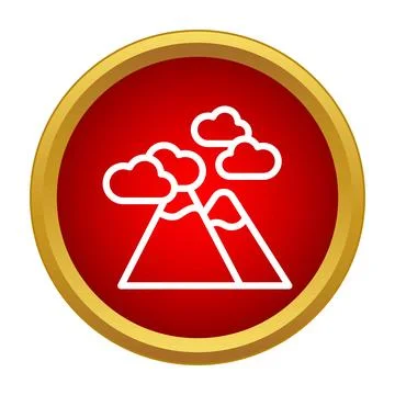 Outline mountain peaks with clouds icon in red circle Stock Illustration