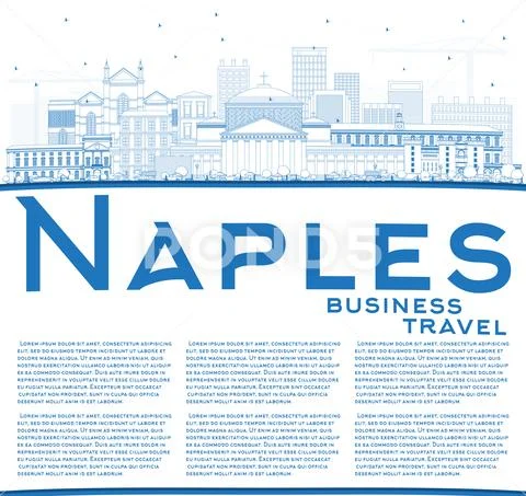 Outline Naples Italy City Skyline with Blue Buildings and Copy Space. Stock Illustration