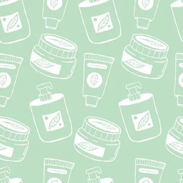 Outline Natural Cosmetics Seamless Pattern. White Linear eco herbal Cream, .. Stock Illustration