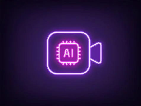 Outline neon AI camera icon, violet magenta. Neon AI video processing algorit Stock Illustration