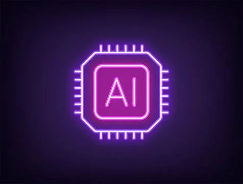 Outline neon AI microchip icon, violet magenta. Neon computing processor for  Stock Illustration