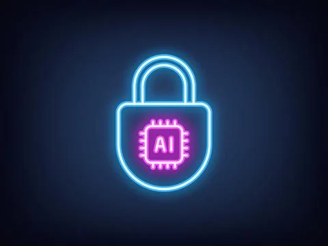 Outline neon AI security, light blue magenta. Neon digital lock with AI chi.. Stock Illustration
