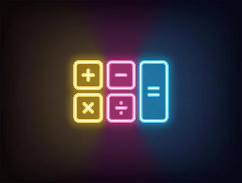 Outline neon calculator, yellow pink blue. Neon investment calculator, mort.. Stock Illustration