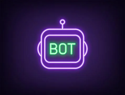 Outline neon chat bot, violet green icon. Neon robot face with Bot text. Virt Stock Illustration