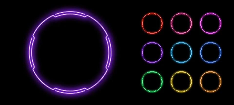 Outline neon circle frame, vector set. Neon circle HUD frame, glow UI ring .. Stock Illustration