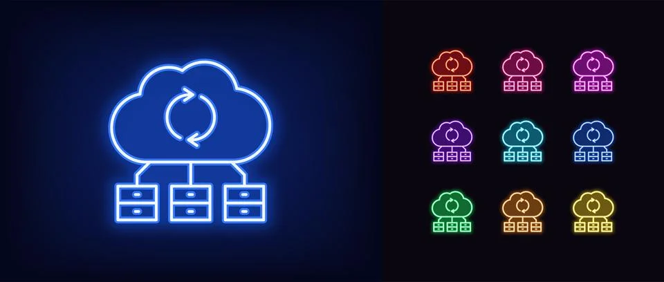 Outline neon cloud server icon. Glowing neon cloud infrastructure for secur.. Illustrazione stock