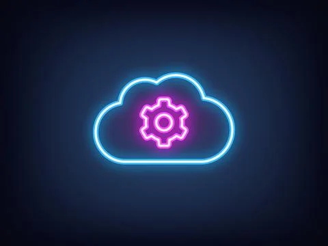 Outline neon cloud settings, blue magenta. Neon cloud storage with gear sig.. Stock Illustration