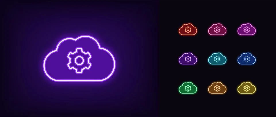 Outline neon cloud settings, icon set. Glowing neon cloud storage with gear s イラスト素材