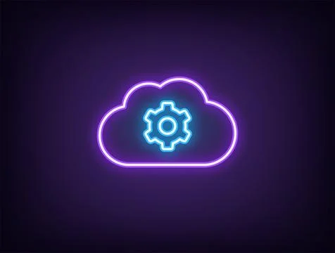 Outline neon cloud settings, violet blue. Neon cloud storage with gear sign,  Illustrazione stock