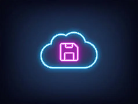 Outline neon cloud storage, blue magenta. Neon cloud with diskette icon, cl.. Stock Illustration