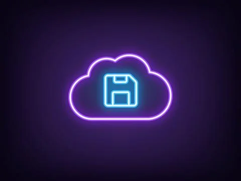 Outline neon cloud storage, violet blue. Neon cloud with diskette icon, clo.. Stockillustratie