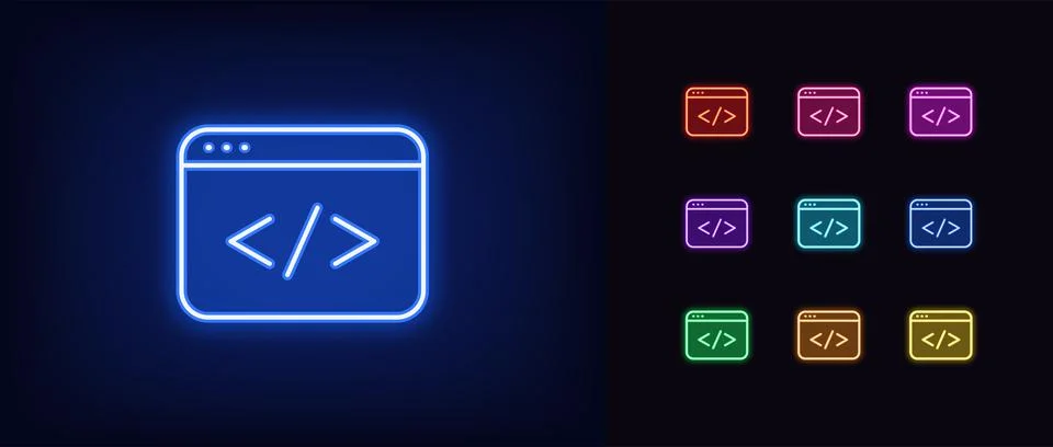 Outline neon coding icon. Glowing neon app window with code sign, web develop Stock Illustration