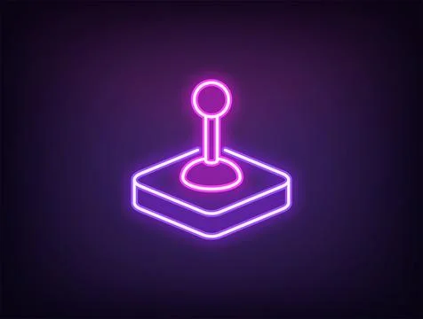 Outline neon control joystick, violet magenta. Neon arcade joystick, game j.. Stock Illustration