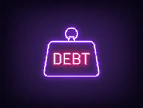 Outline neon debt load icon, violet pink. Neon debt loan burden, bank credit  Stock Illustration