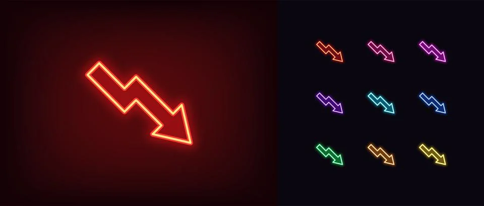 Outline neon decrease arrow icon. Glowing neon decline chart sign, downward a Stock Illustration