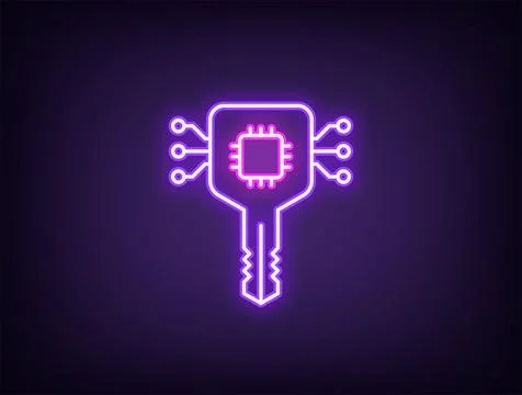 Outline neon digital key icon, violet magenta. Neon digital key with chip for 스톡 일러스트
