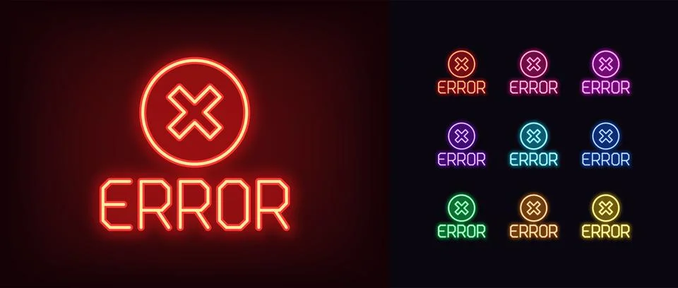 Outline neon error message icon. Glowing neon error text with warning cross.. Stock-Illustration