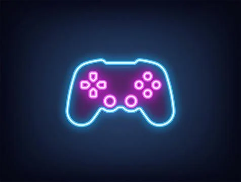 Outline neon gamepad, blue magenta. Neon wireless joystick for arcade games.. 스톡 일러스트