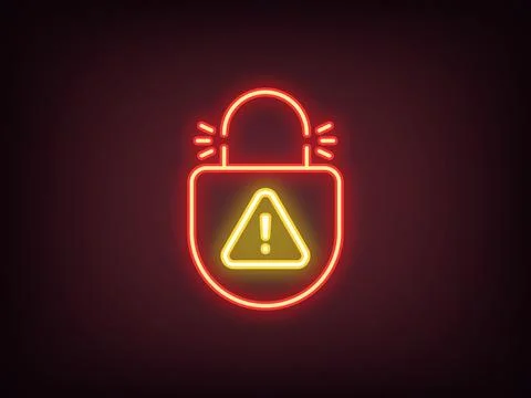 Outline neon lock picking icon, red yellow. Neon broken lock with danger wa.. イラスト素材