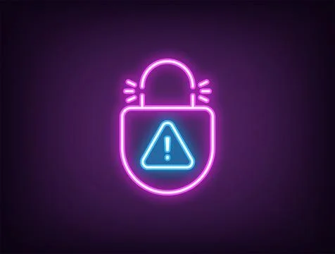 Outline neon lock picking icon, magenta blue. Neon broken lock with danger wa Illustrazione stock