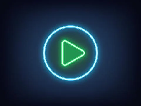 Outline neon play button, blue green. Neon round play button, start media ico Illustrazione stock