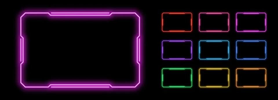 Outline neon rectangle frame, vector set. Neon rectangle HUD frame, glow li.. Stock Illustration