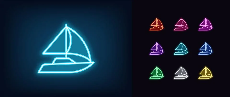 Outline neon sail yacht icon. Glowing neon sail boat silhouette, sailboat rac Stock Illustration