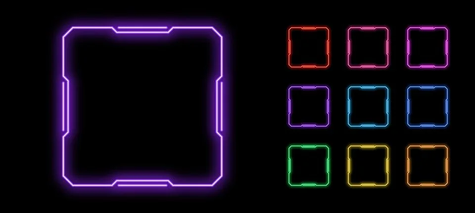 Outline neon square frame, vector set. Neon square HUD frame, glow line UI .. 스톡 일러스트