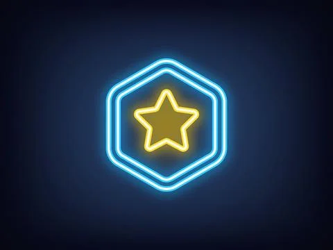 Outline neon star token icon, blue yellow. Neon crypto token with star icon.. Stock Illustration