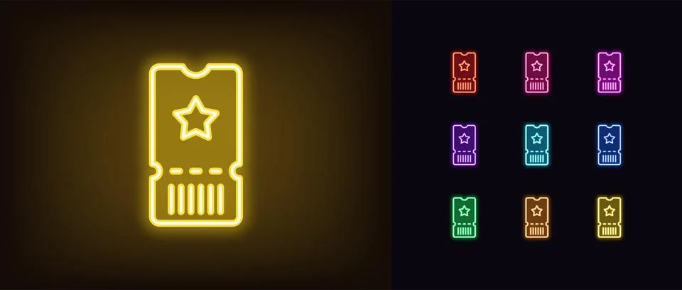 Outline neon ticket icon. Glowing neon ticket with star, pass pictogram in vi Stock Illustration