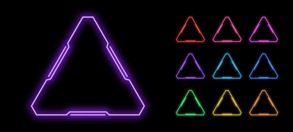 Outline neon triangle frame, vector set. Neon triangle HUD frame, glow line.. 스톡 일러스트
