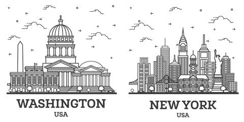 Outline New York and Washington DC USA City Skyline Set. Stock Illustration