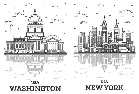Outline New York and Washington DC USA City Skyline Set. Stock Illustration